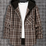 Fashionable And Versatile Men's College Style Casual Plaid Hoodies Button Drawstring Shirt Jacket, Suitable For Outdoor