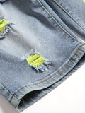 kkboxly  Yellow Green Ripped Denim Shorts, Men's Casual Street Style Distressed Mid Stretch Denim Shorts For Summer