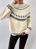 kkboxly  Geo Pattern Crew Neck Pullover Sweater, Casual Long Sleeve Loose Sweater, Women's Clothing