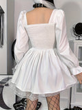 kkboxly  Lace Up Square Neck Flared Dress, Gothic Lolita Ruffle Trim Lantern Dress, Women's Clothing