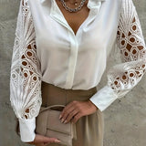 kkboxly  Plus Size Elegant Blouse, Women's Plus Solid Button Up Contrast Lace Sleeve Turn Down Collar Blouse