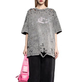 2025 street style design feeling hot diamond metal buckle hole old T-shirt loose versatile trendy brand five-quarter sleeve top