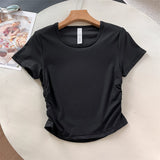 Sports T-shirt women's quick-drying pleated thread short  summer new super elastic fitness clothes running yoga K413
