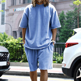 KKBOXLY 2025 popular  knitted rough edge casual men's suit loose short-sleeved men's T spring and summer shorts solid color men's clothing