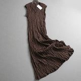 Solid color temperament pleated elegant drape V-neck short-sleeved long dress  summer new commuter women's dress L973