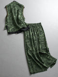 Retro jacquard stand-up collar buckle satin sleeveless vest new Chinese style a complete set of skirt women's suit Z751