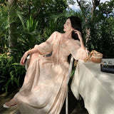 2025 Temperament Gentle Wind Bubble Sleeve V-Neck Printed Yellow Dress Summer High Waist Skinny Holiday Style Long Skirt