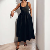 2025 spring new New  women's clothing temperament suspender pleated solid color U-neck Chinese New Year dress dress