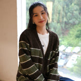 Contrasting striped knitted cardigan women's clothing design sense single-breasted spring and autumn top lazy casual long-sleeved woolen jacket