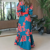2025 popular  Autumn  Women's Fashion Button V-Neck Elegant Printed Waist Lace-up Pendulum Dress