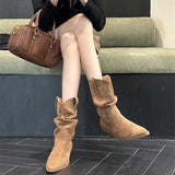 2025  popular autumn and winter new suede pointed thick heel medium heel short boots medium tube boots high heel stacking boots western cowboy boots