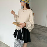 spring Korean version short round neck pullover sweater loose shoulder sleeves basic casual versatile top women's clothing