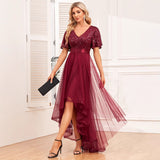 2025elegant V-neck ruffle edge short-sleeved dress fluffy tulle ball irregular front short rear long skirt