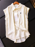 Solid color shoulder pinch pleated bunny embroidered lapel loose and thin summer new sleeveless versatile blouse X316