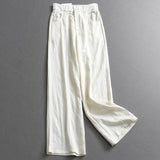 Solid color shrunken pleated semi-elastic waist thin cool commuter loose straight-leg pants versatile wide-leg casual pants women's pants Z920