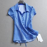 Solid color organ pleated lace-up waist slim lapel bubble sleeve  summer new short-sleeved versatile shirt women's L900