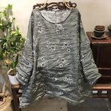 2025  23/4/Tea Ancient/Spring and Summer Literary Retro Ramie Printed Crew Neck Pullover Shoulder Medium Long Shirt