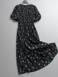 Floral shrunken pleats elastic waist slim slim body round neck lantern sleeves a word long skirt short sleeve women's dress dress Z056