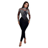 2025 C7137    Popular and  Fashion Women's Clothing Slim Mesh Hot Diamond Long Sleeve Long Pants Jumpsuit