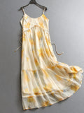 Color Printing Shrinking pleats waist slim slim fit round neck streamer elegant temperament suspender skirt women's dress dress X076