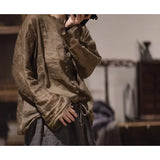 2025    23/3 Xiaochu, inner literary and retro light and thin ramie loose shoulder crew neck button-down shirt