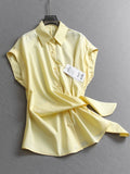 Solid color wrapped cuffs flanged lapel small flying sleeves  summer new versatile casual women's shirt C064