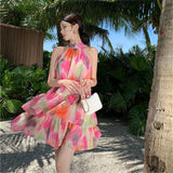 2025 Oil painting floral short neck sling seaside vacation dress women's summer sexy sleeveless off-the-shoulder a-word short skirt