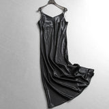 Simple solid color glossy satin slim V-neck sleeveless suspender skirt temperament commuter dress dress Z713