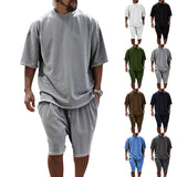 KKBOXLY 2025 popular  knitted rough edge casual men's suit loose short-sleeved men's T spring and summer shorts solid color men's clothing