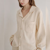 Gentle wind pleated cotton yarn pajamas set spring new simple solid color women's long-sleeved trousers pure cotton loungewear