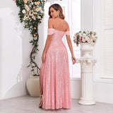 2025women's clothing sequined long dress pink sequins multi-wearing method suspender sleeveless high split sexy ball evening dress women