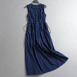Solid color pinch pleated round neck wrinkled waist thin vest skirt summer new temperament commuter women's dress dress X057