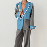 2025 New rough edge contrasting color denim splicing suit suit women's clothing high-end trend fashion loose suit