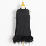 2025 Niche design sense solid color A-shaped skirt  spring round neck sleeveless hem ostrich hair decorative loose dress