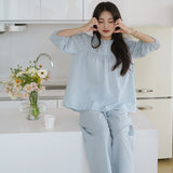 Japanese and Korean version of loose pullover pants set, sweet and cute lace pure cotton polka dot jacquard loose and casual two-piece set