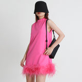 2025 Niche design sense solid color A-shaped skirt  spring round neck sleeveless hem ostrich hair decorative loose dress