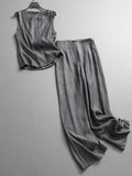 Simple solid color slim round neck sleeveless vest can be matched with a complete set of commuter wide-leg pants women's two-piece set Z078