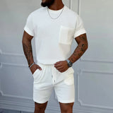 KKBOXLY 2025 popular  summer  trends Waffle crew neck men's suit summer two-piece set high-end trend