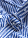 Blue striped lace-up waist slim lapel shirt skirt  summer new short-sleeved long dress dress X795