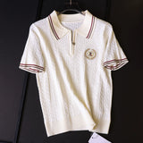 Contrasting color striped lapel embroidery retro twisted flower ice feeling skin-friendly  summer new short-sleeved women's knitted sweater Z310