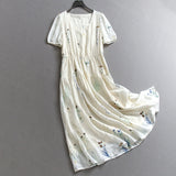 Plant Flower Embroidery Lace Square Neck Elastic Waist Slim-Fit Bubble Short Sleeve Women's Long Skirt Dress C054