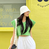 Summer cotton casual T-shirt women's new splicing V-neck shoulder sleeves loose casual versatile short blouse top