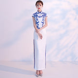 2025 Catwalk cheongsam dress  new long elegant Chinese style blue and white porcelain performance dress slim and thin cheongsam