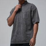 KKBOXLY 2025 popular summer new lapel button T-shirt men's retro washed heavy short-sleeved loose casual top men's