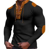 KKBOXLY 2025 foreign trade cross-border autumn new men's waffle color matching strap V-neck top casual long-sleeved bottoming T-shirt