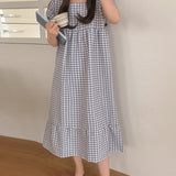 summer little fresh princess style plaid dress retro wrinkle bubble sleeves can be worn outside long nightgown women