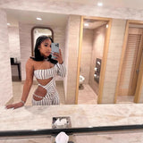 New new women's clothing summer striped printing sexy hollow tube top single shoulder long sleeve jumpsuit women