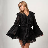 2025 elegant dress lotus leaf collar waist polka dot dress women's new flared sleeve chiffon dress