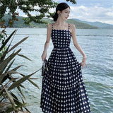 2025 Polka dot print suspender dress for women's sexy backless leisure vacation high waist and thin seaside atmosphere long dress
