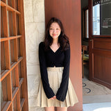 spring new design V-neck long-sleeved women, thin temperament hem split-ended versatile casual knitted top